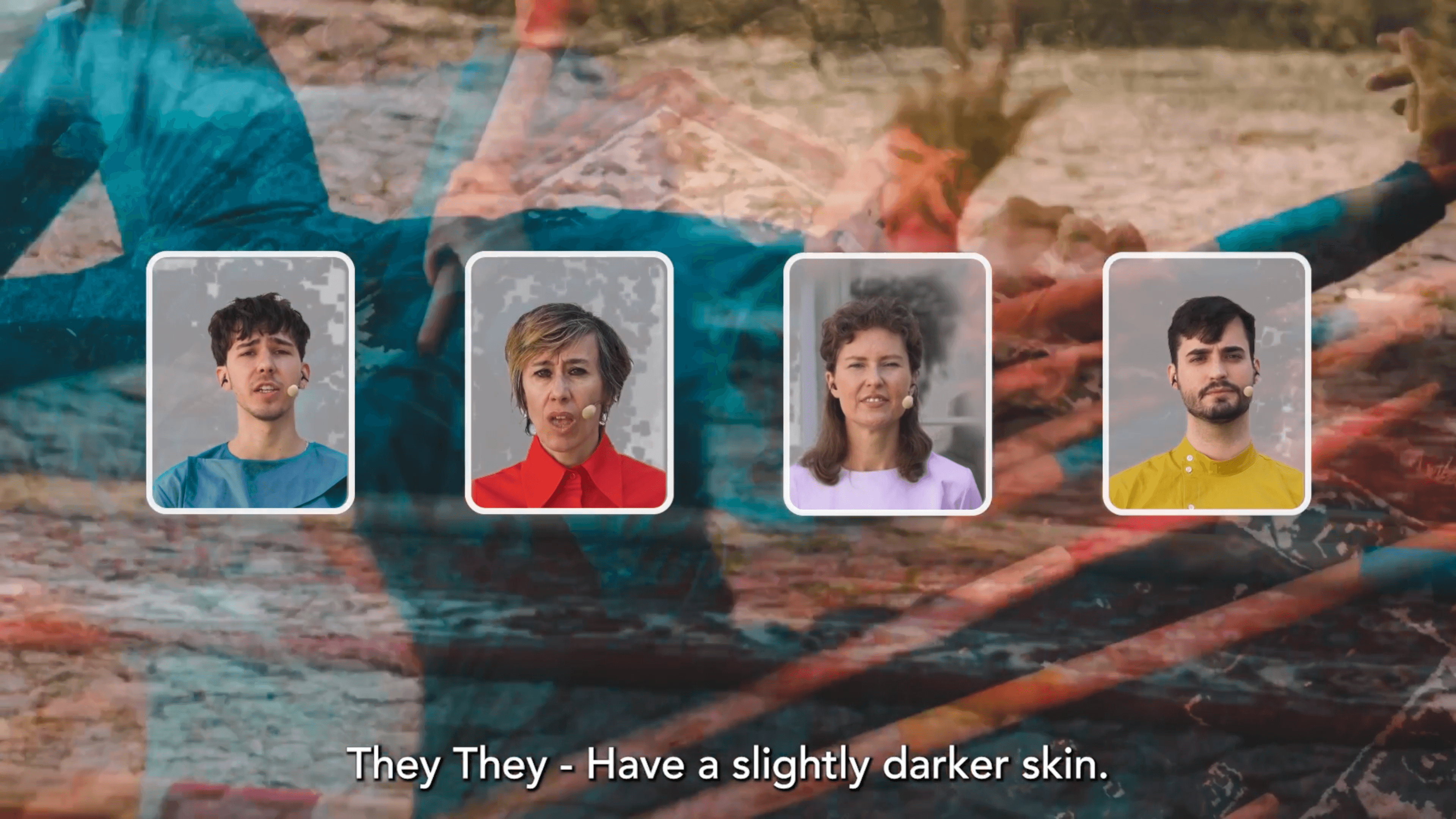 Four headshots are floating on top of an abstract, double exposed image.