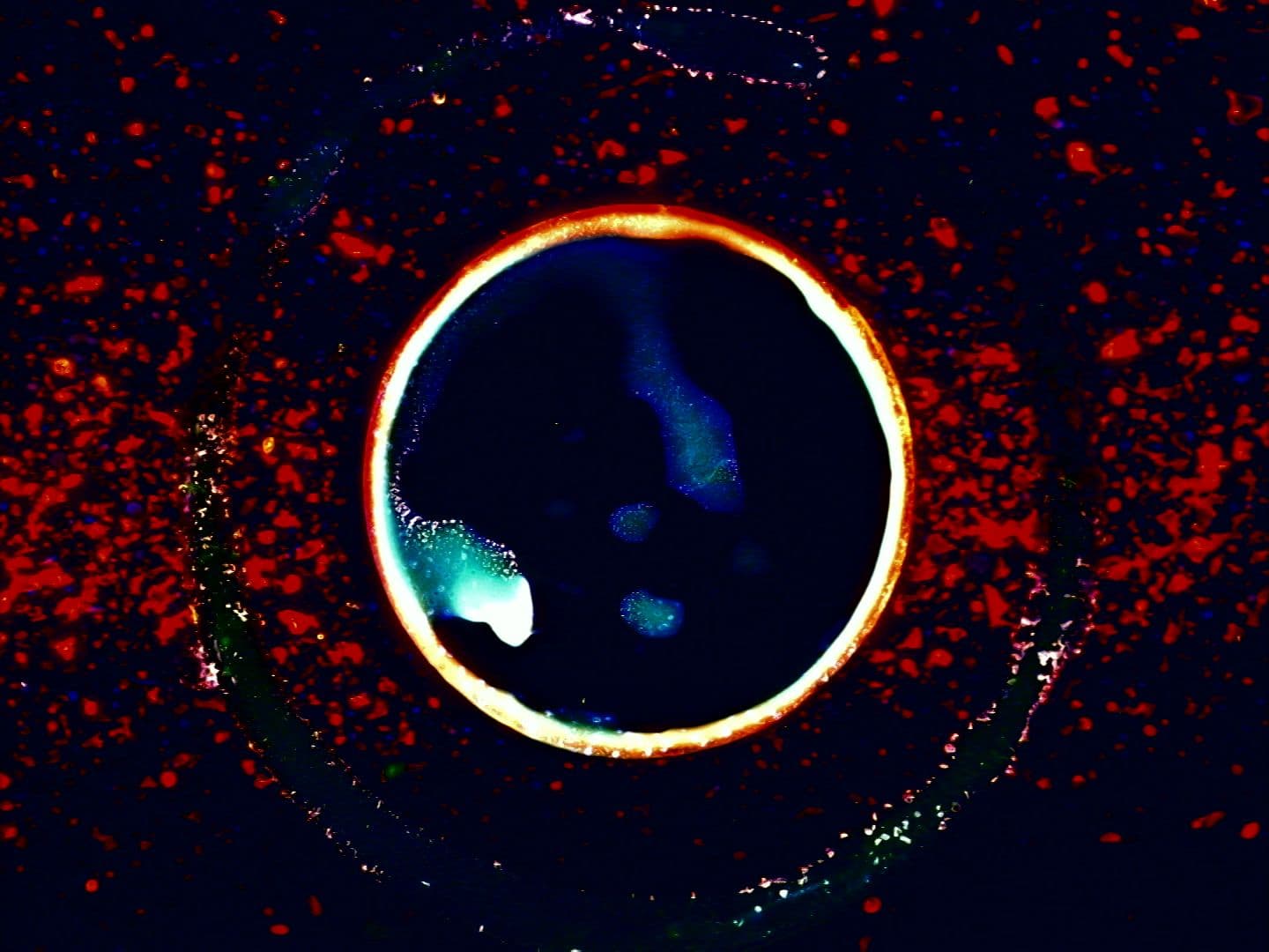 White encircles deep blue in the centre of red paint splatters.