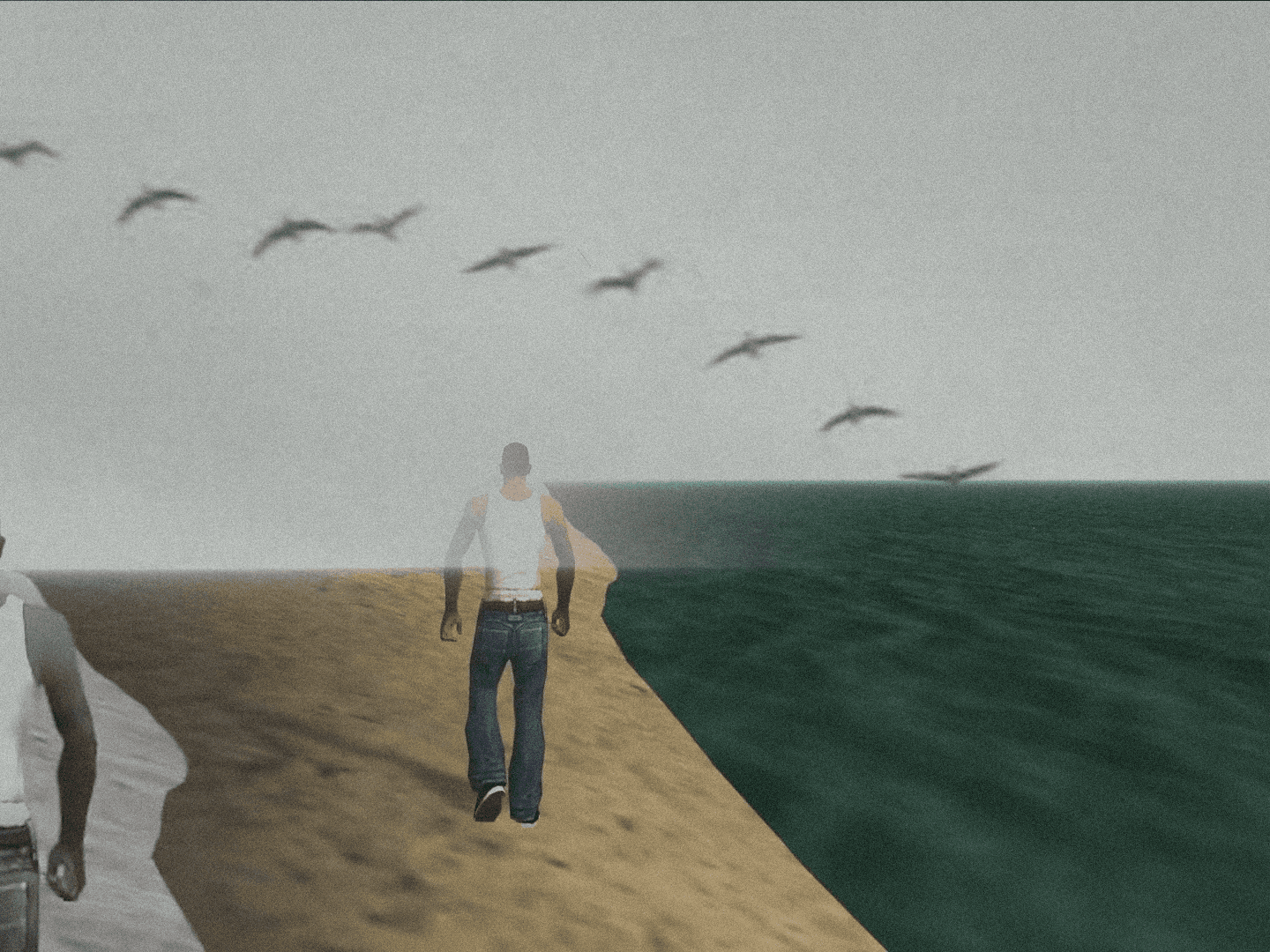 A computer animated man walks down a beach. Birds fly overhead